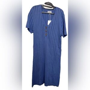 Heyson Blue Ribbed Knit Dress with Button Detail